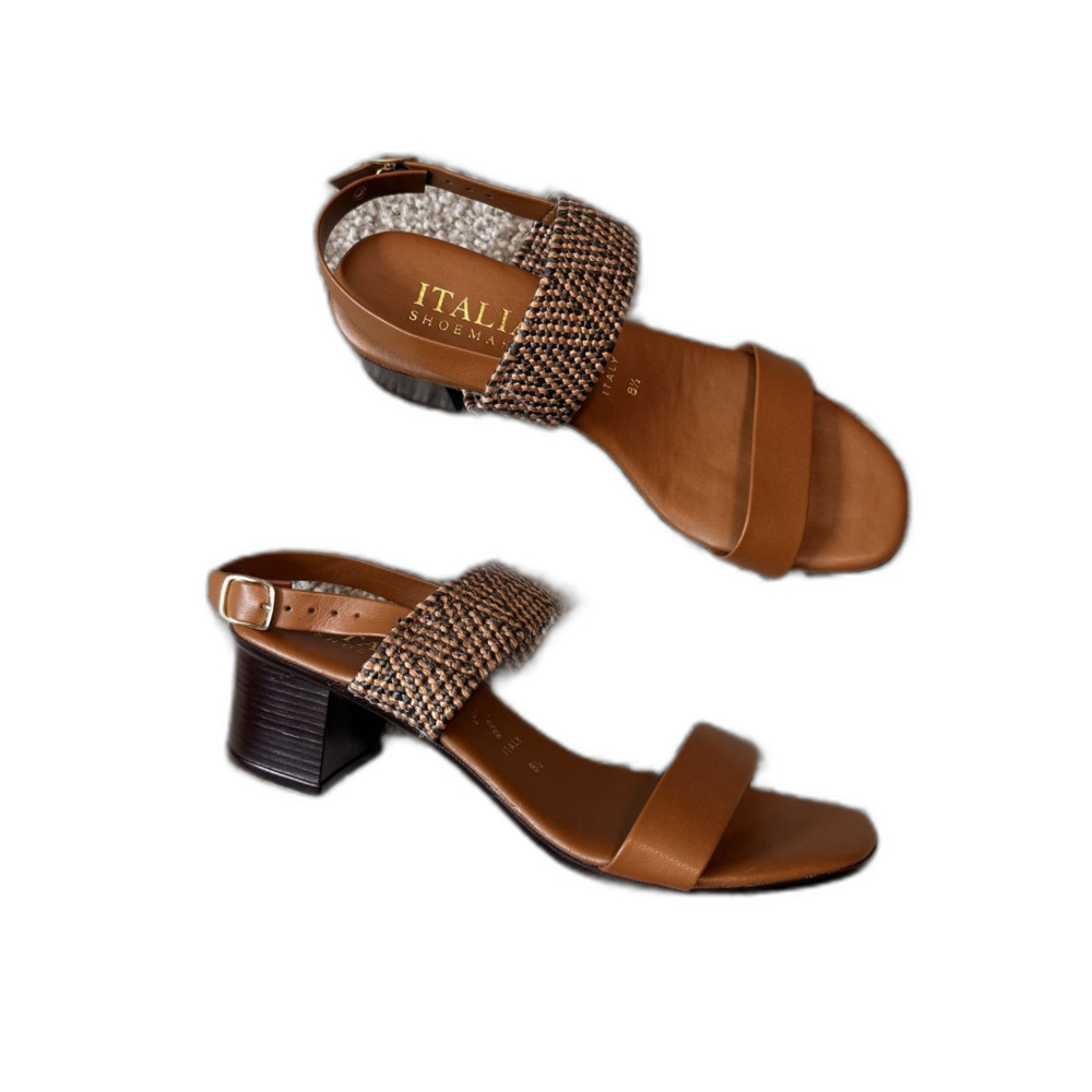 Italian Shoemakers Brown Woven Block Heel Sandals Size 8.5 Made in Italy